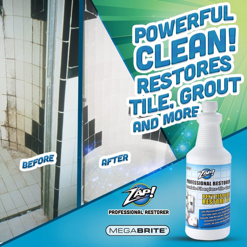 Megabrite ZAP! Professional Tile & Grout Restorer | Cleans & Restores Porcelain, Fiberglass, Tile, & Grout Surfaces | Rust & Hard Water Remover | Kitchens & Bathroom Porcelain Sinks, Toilets, & Tubs - Image 4